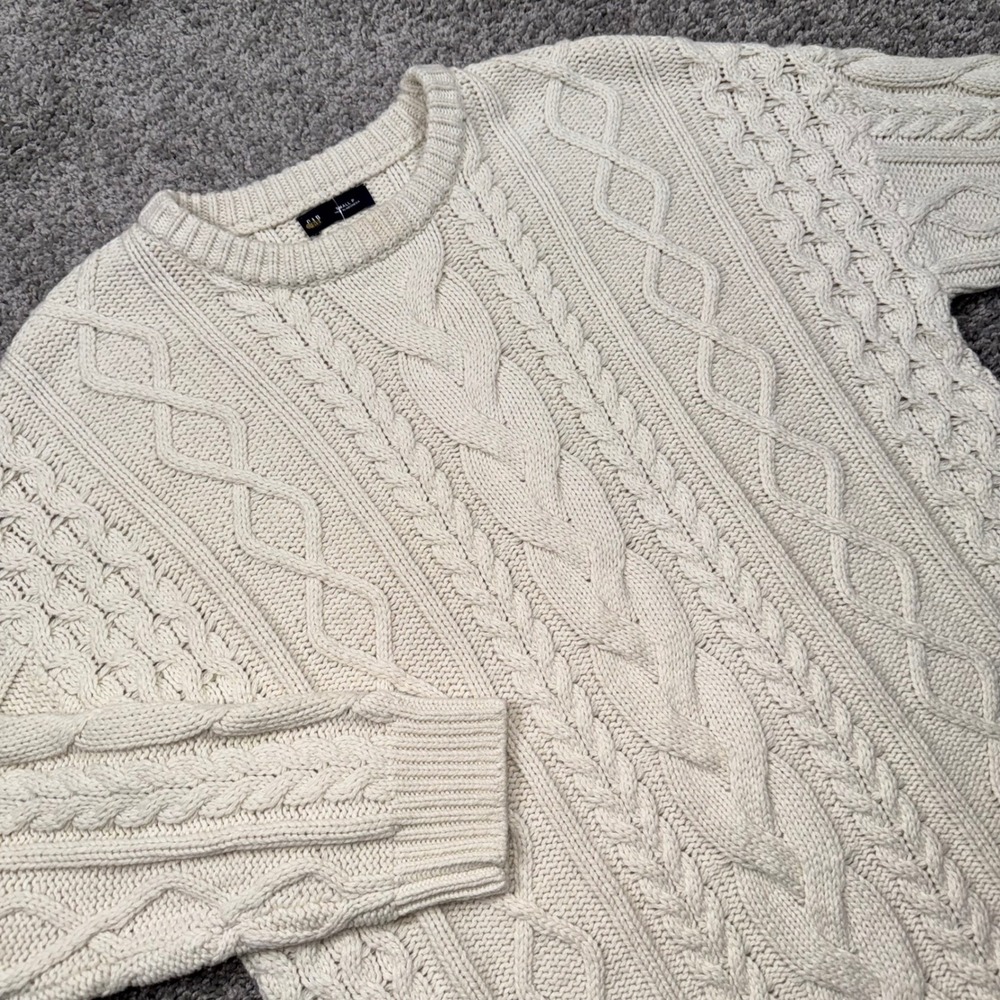 Gap Cable Knit Sweater Men Wool Blend Crewneck Cream Small NEW